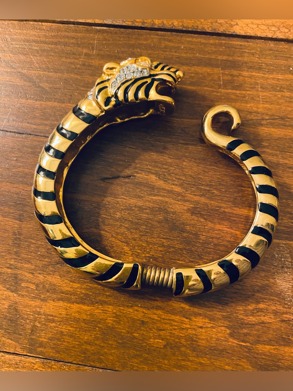 Kenneth Jay Lane KJL Black Enamel Polished Gold Toned  Tiger Cuff Bracelet
